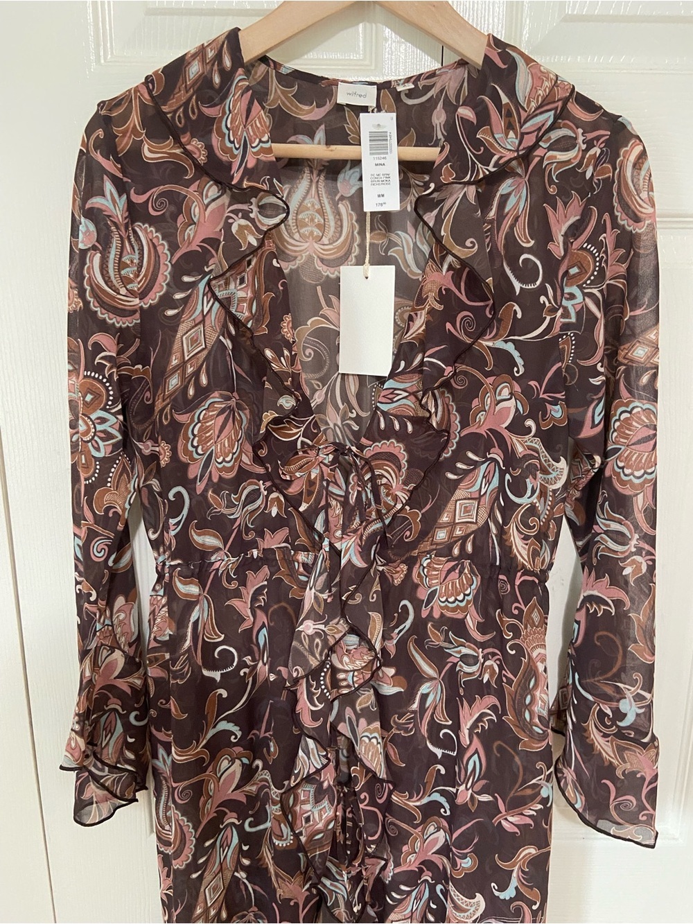 Aritzia Wilfred NWT Mina Floral Ruffle Bow Tie Shear Midi Dress Size Medium - Picture 7 of 10
